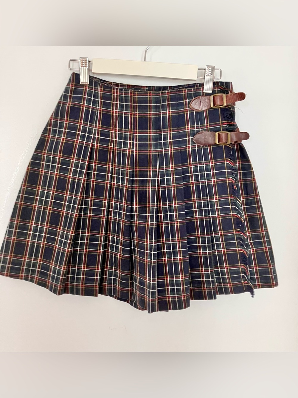 Cute Plaid Pleated Skort with Brown Buckle Straps